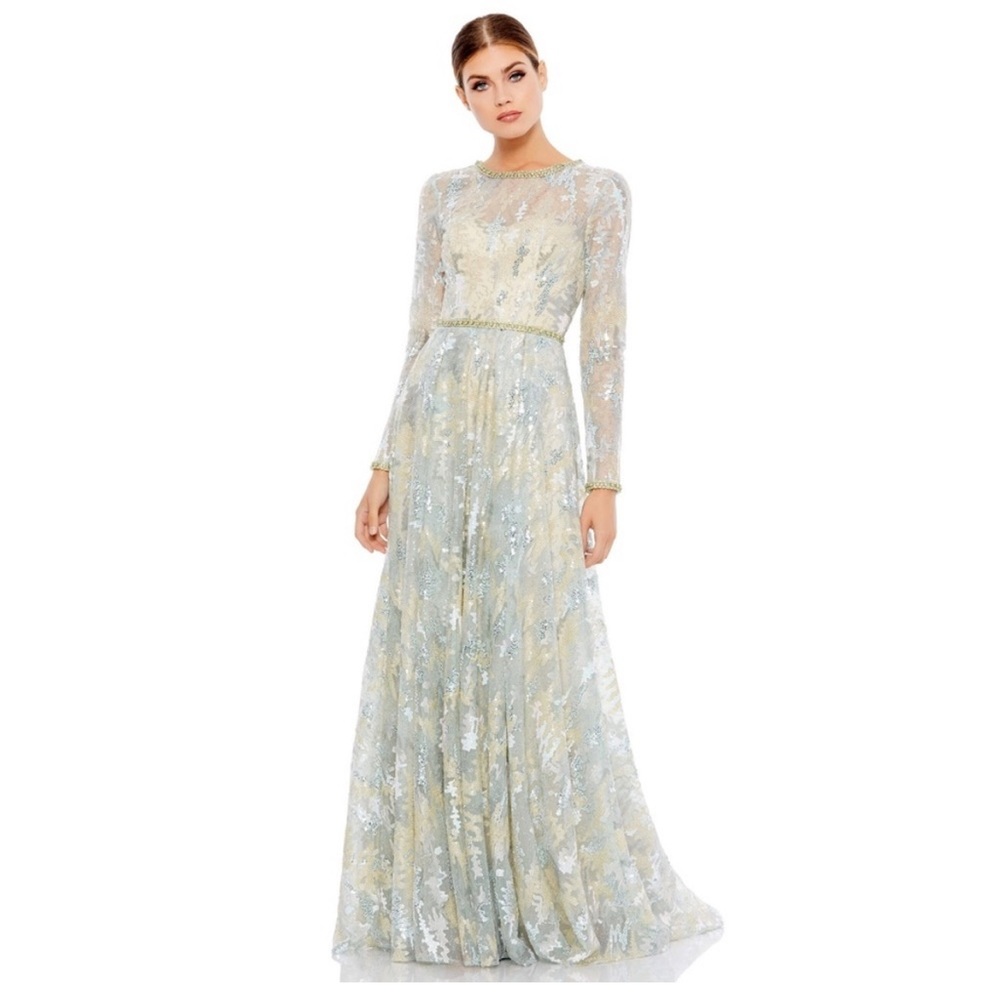 Mac Duggal Dress Gown 12460 Cocktail Formal Embellished Mesh Blue size 10